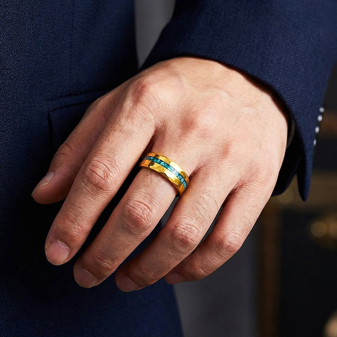Veridian Hammered Gold Teal Inlay Tungsten Carbide Ring | Men's Ring