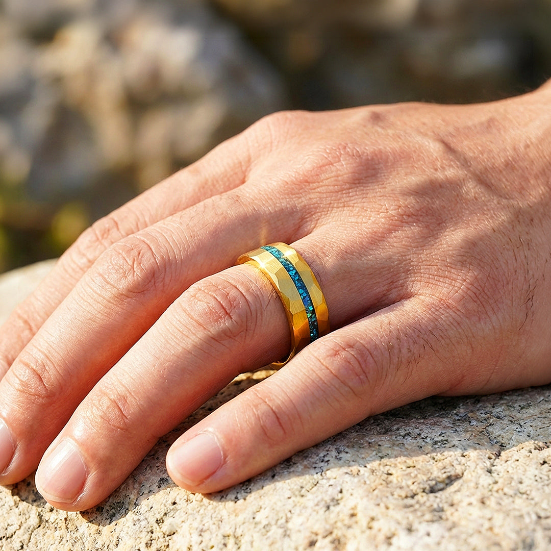 Veridian Hammered Gold Teal Inlay Tungsten Carbide Ring | Men's Ring