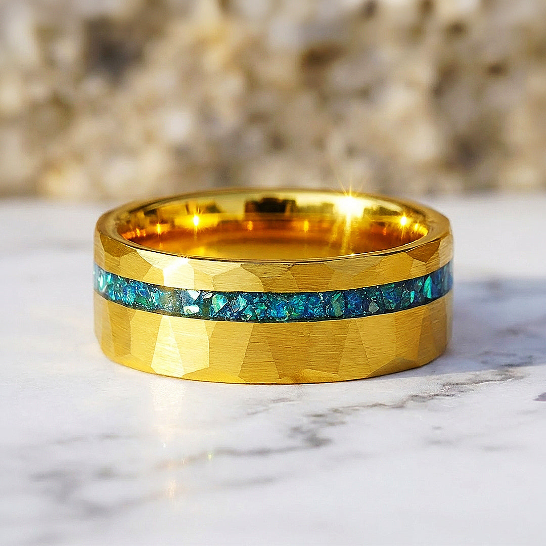 Veridian Hammered Gold Teal Inlay Tungsten Carbide Ring | Men's Ring