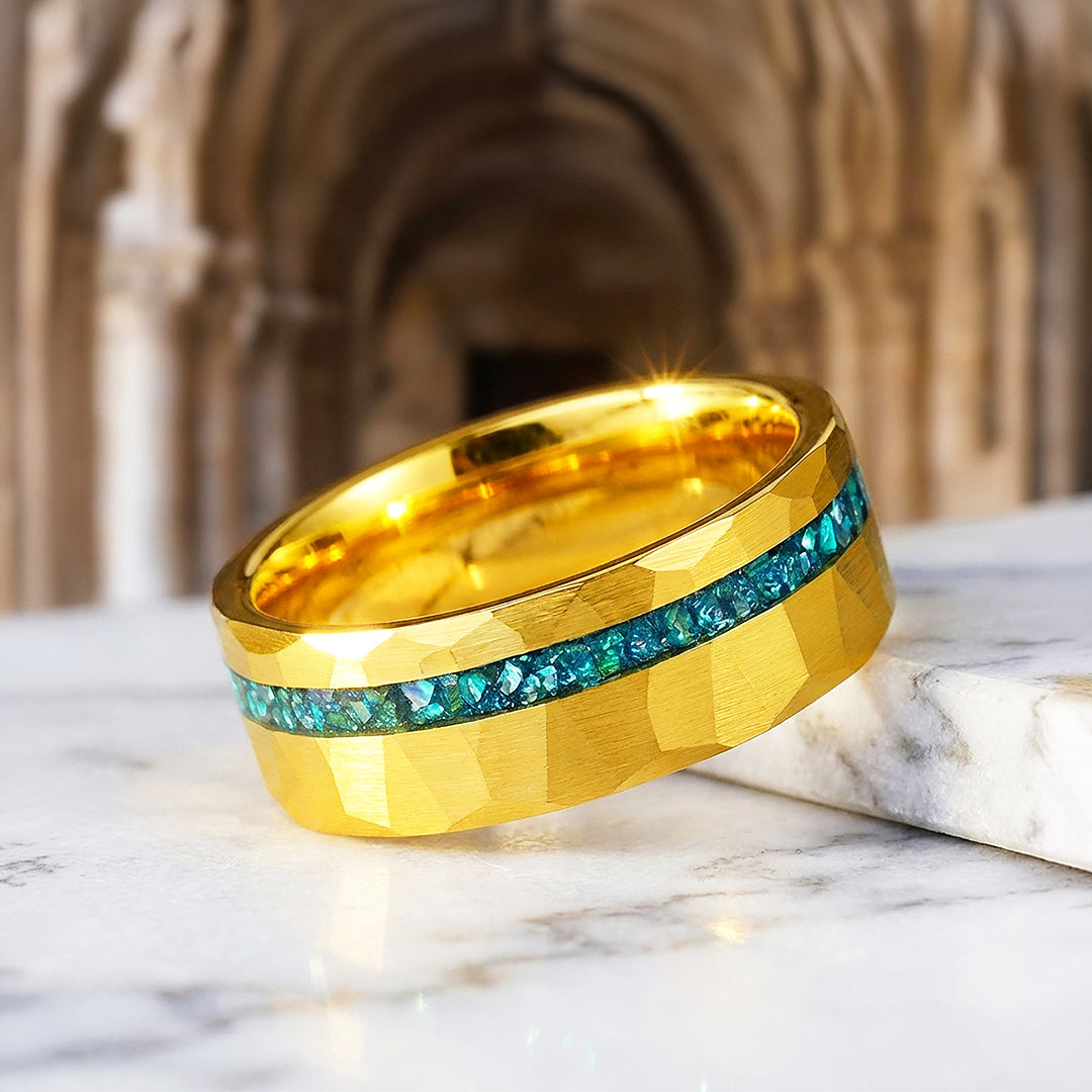Veridian Hammered Gold Teal Inlay Tungsten Carbide Ring | Men's Ring