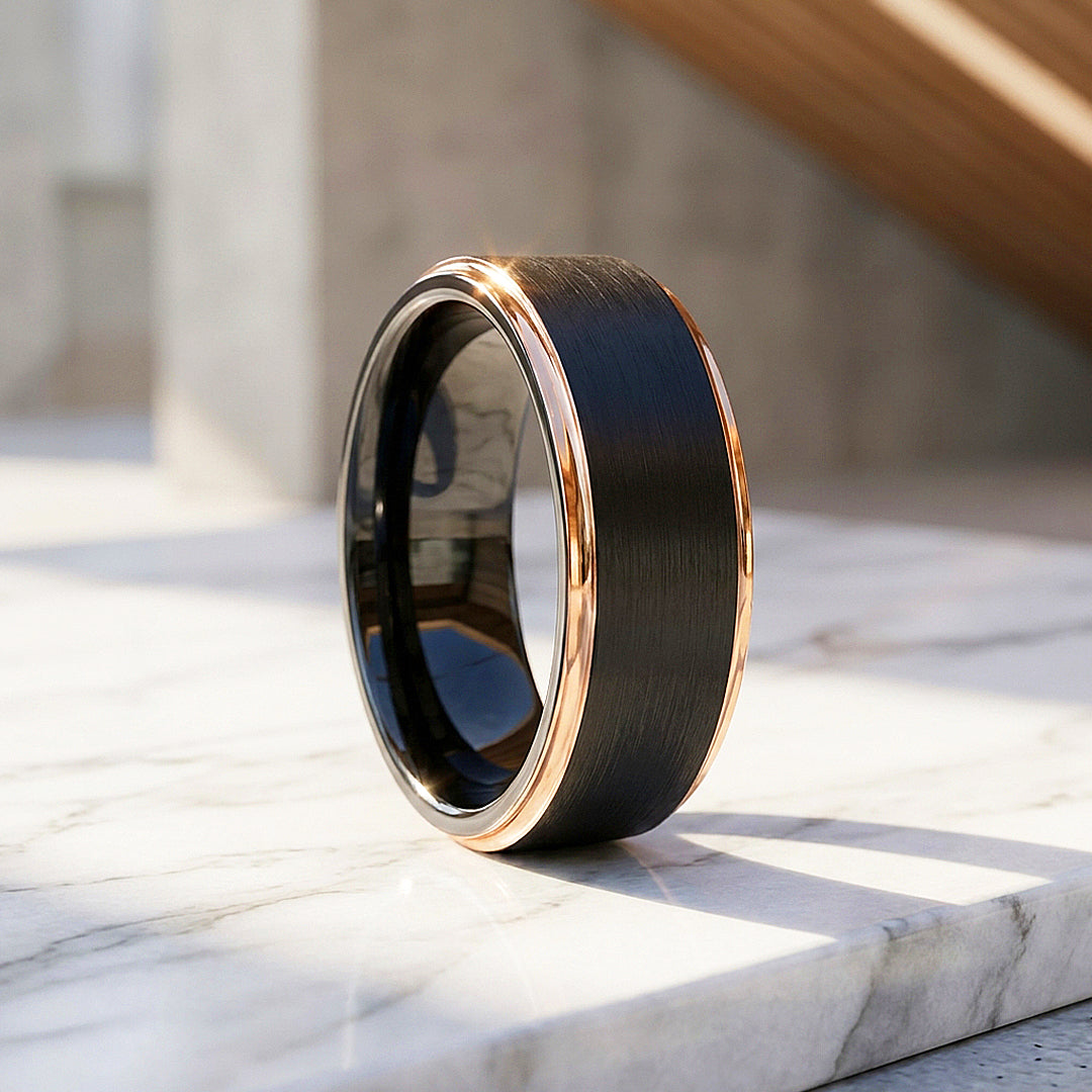 Fedor | Brushed Black and Rose Gold Tungsten Carbide | Men's Ring