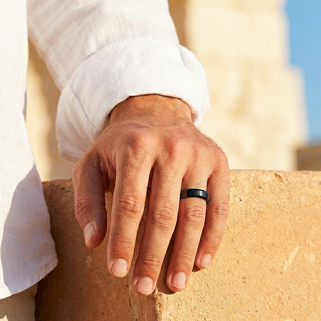 Gadget | Black Matte Bevelled Edge Blue Interior Tungsten Carbide | Men's Ring