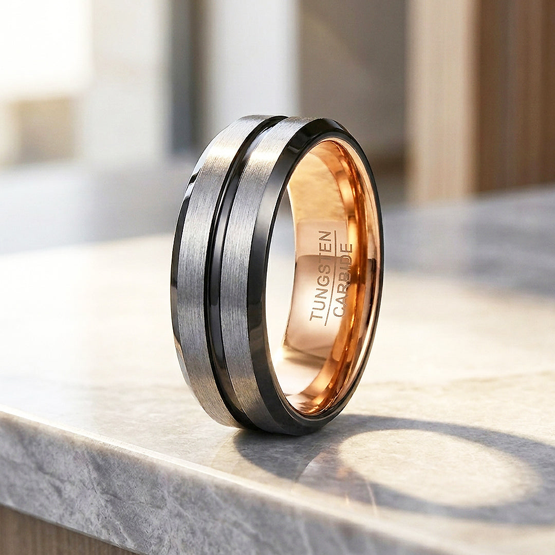 Aage | Brushed Silver Grooved Tungsten Carbide | Men's Ring
