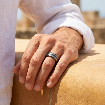 Aage | Brushed Silver Grooved Tungsten Carbide | Men's Ring