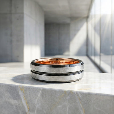 Aage | Brushed Silver Grooved Tungsten Carbide | Men's Ring