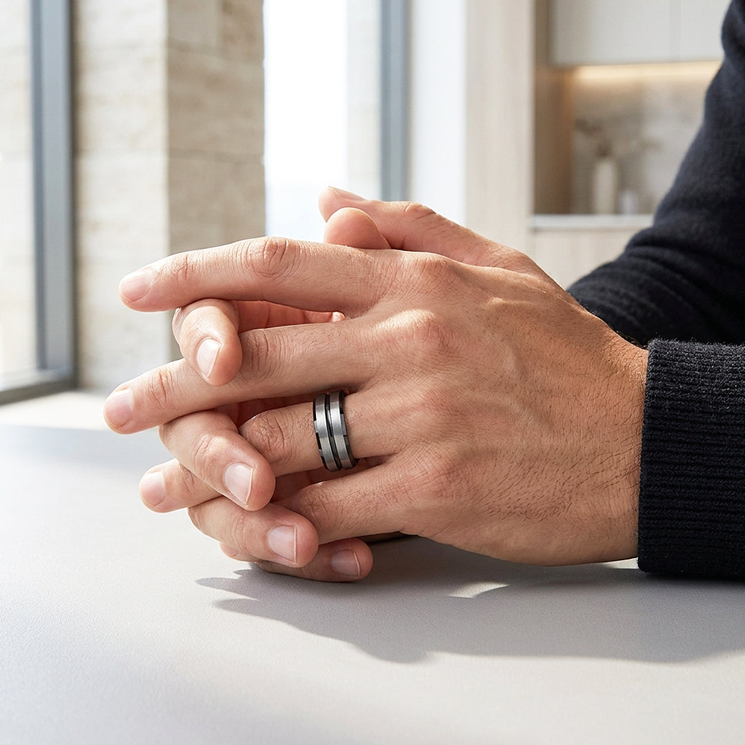 Aage | Brushed Silver Grooved Tungsten Carbide | Men's Ring