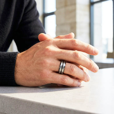 Aage | Brushed Silver Grooved Tungsten Carbide | Men's Ring