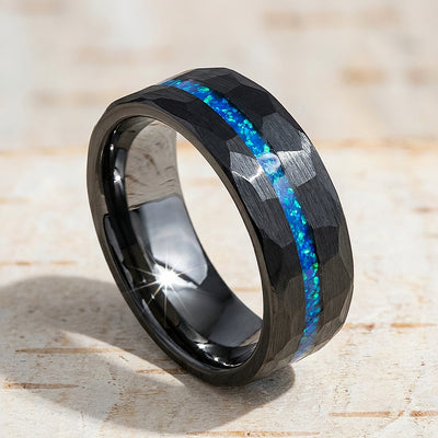 Abyssion Hammered Blue Opal Inlay Black Tungsten Carbide Ring | Men's Ring