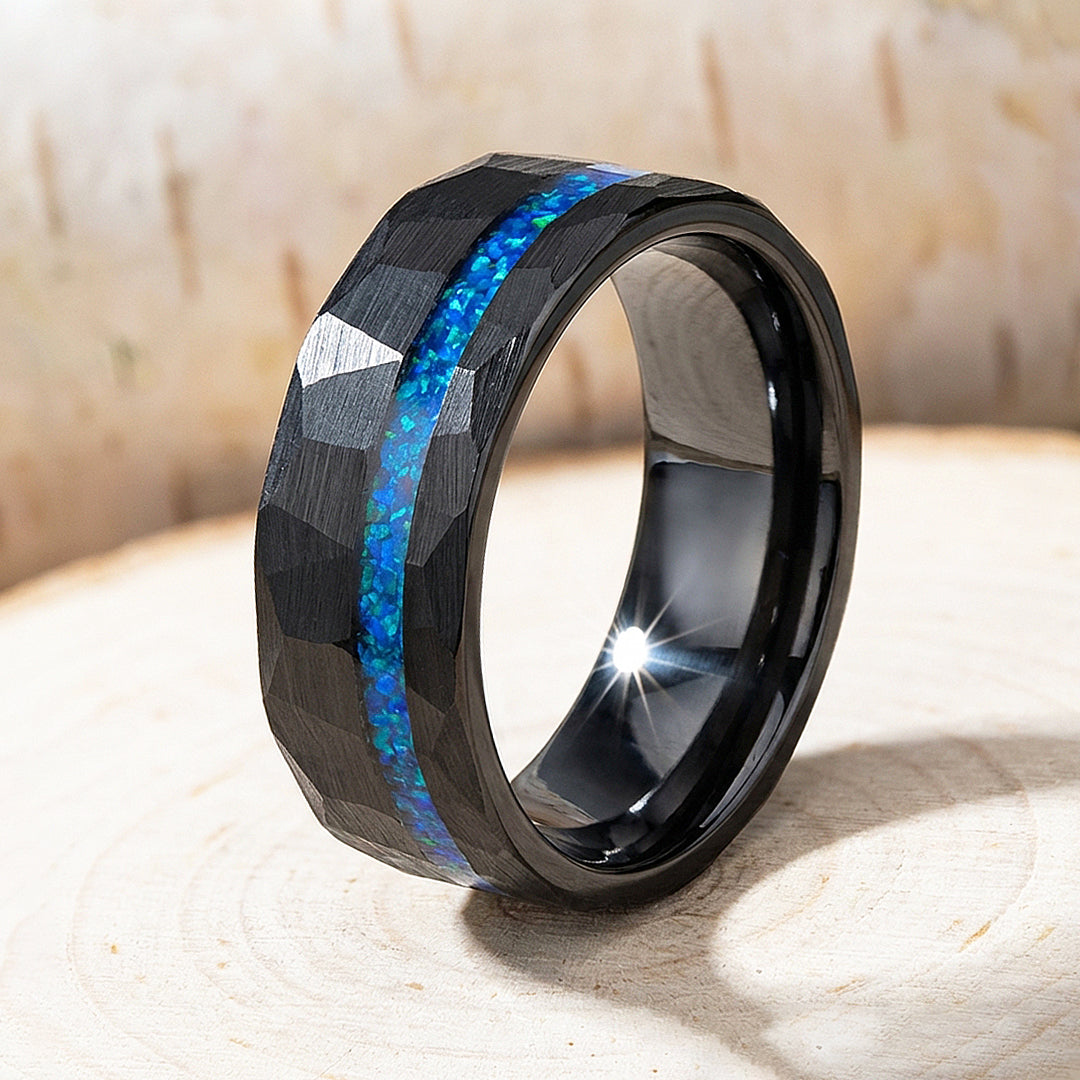 Abyssion Hammered Blue Opal Inlay Black Tungsten Carbide Ring | Men's Ring