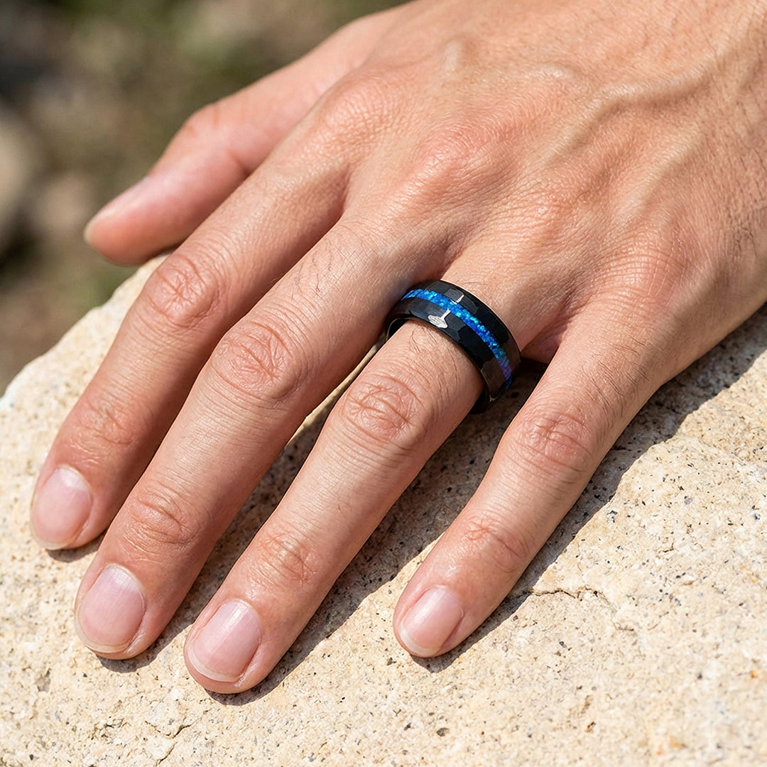 Abyssion Hammered Blue Opal Inlay Black Tungsten Carbide Ring | Men's Ring
