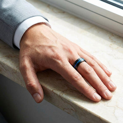 Abyssion Hammered Blue Opal Inlay Black Tungsten Carbide Ring | Men's Ring