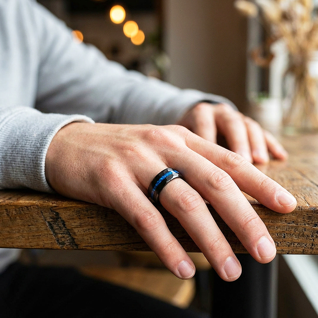Abyssion Hammered Blue Opal Inlay Black Tungsten Carbide Ring | Men's Ring
