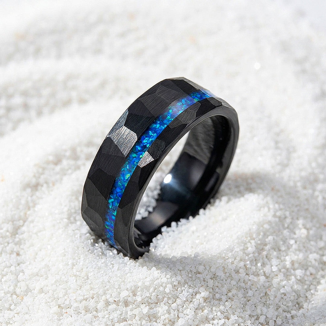 Abyssion Hammered Blue Opal Inlay Black Tungsten Carbide Ring | Men's Ring