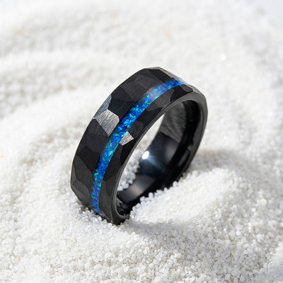 Abyssion Hammered Blue Opal Inlay Black Tungsten Carbide Ring | Men's Ring
