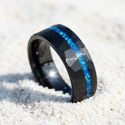 Abyssion Hammered Blue Opal Inlay Black Tungsten Carbide Ring | Men's Ring