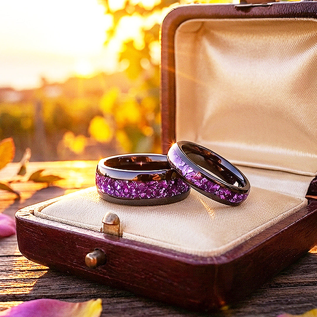 Amethyst Galaxy | Tungsten Couple Rings | Black Wedding Bands