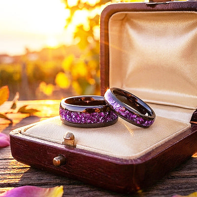 Amethyst Galaxy | Tungsten Couple Rings | Black Wedding Bands