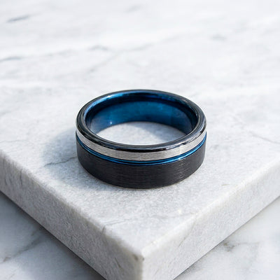 Aura | Matte Brushed Black and Silver Tungsten Carbide | Men's Ring