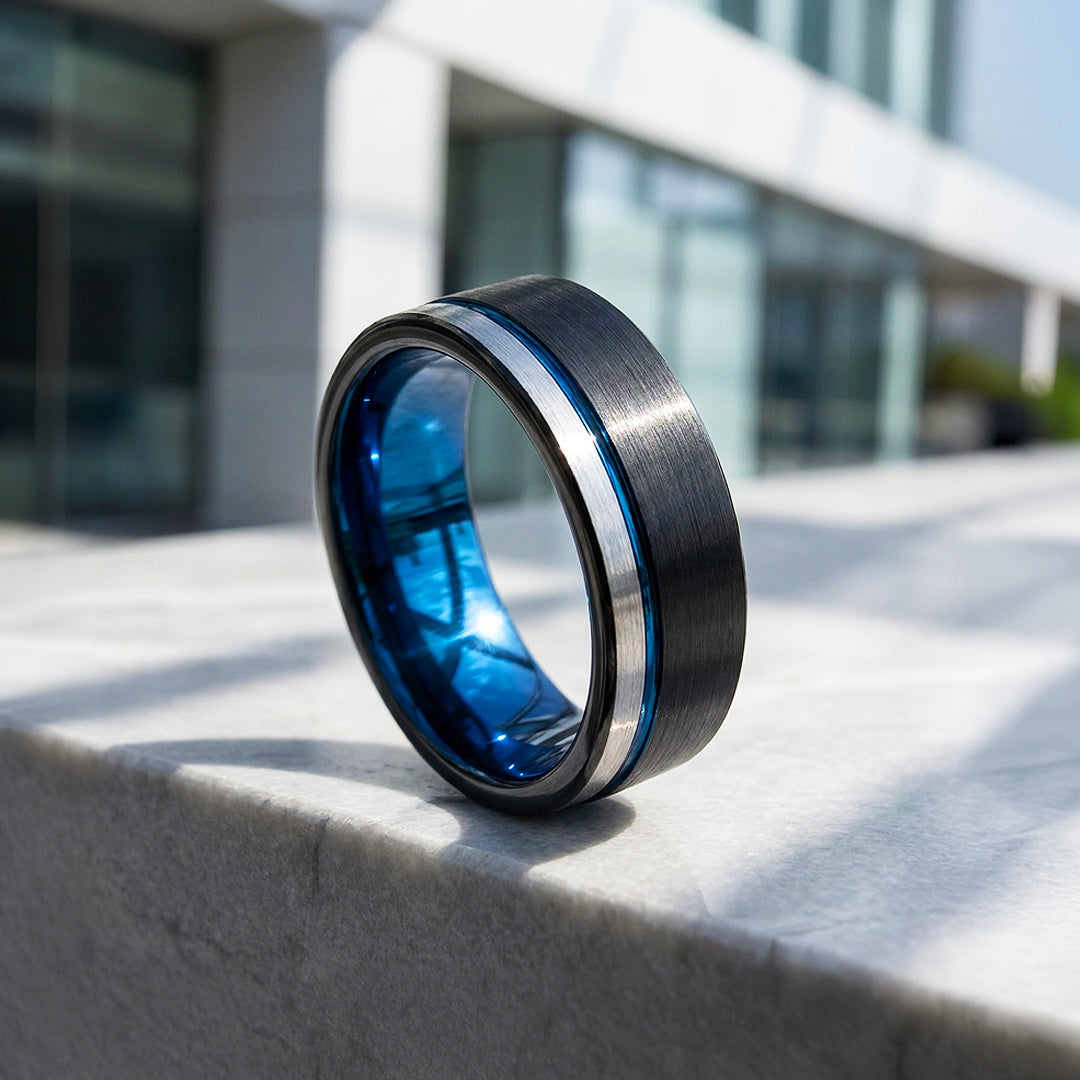 Aura | Matte Brushed Black and Silver Tungsten Carbide | Men's Ring