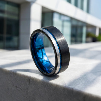Aura | Matte Brushed Black and Silver Tungsten Carbide | Men's Ring
