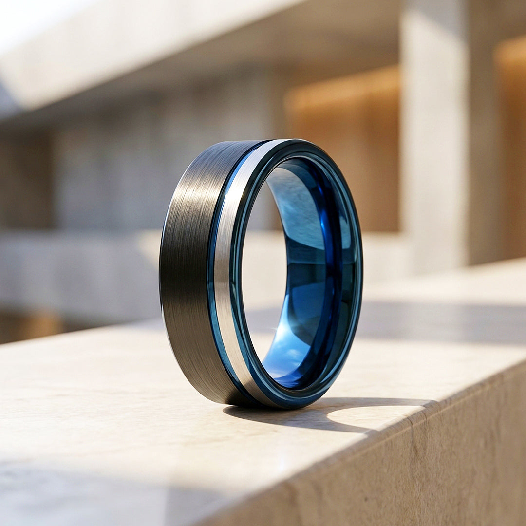 Aura | Matte Brushed Black and Silver Tungsten Carbide | Men's Ring