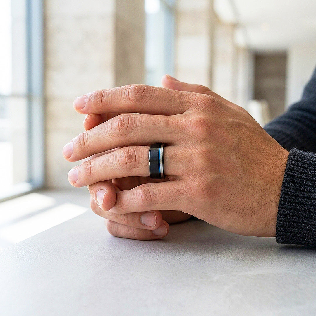 Aura | Matte Brushed Black and Silver Tungsten Carbide | Men's Ring