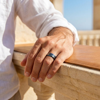 Aura | Matte Brushed Black and Silver Tungsten Carbide | Men's Ring