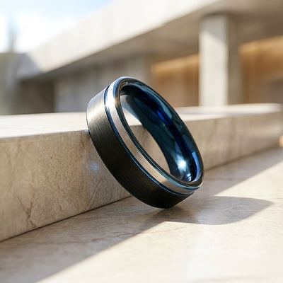 Aura | Matte Brushed Black and Silver Tungsten Carbide | Men's Ring
