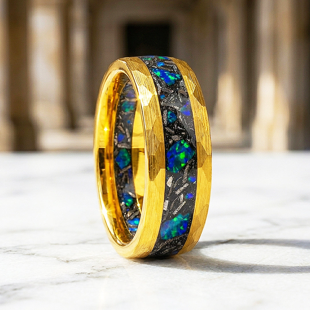 Aureus Opal Hammered Gold Opal Inlay Tungsten Carbide Ring | Men's Ring