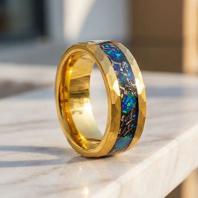 Aureus Opal Hammered Gold Opal Inlay Tungsten Carbide Ring | Men's Ring
