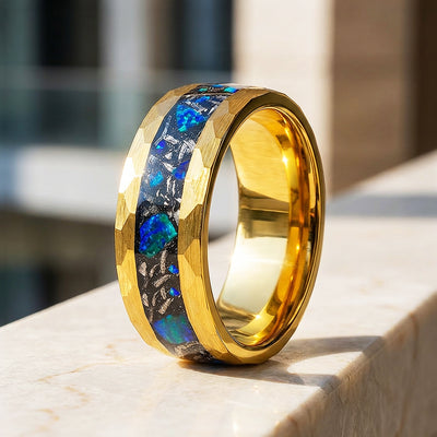 Aureus Opal Hammered Gold Opal Inlay Tungsten Carbide Ring | Men's Ring