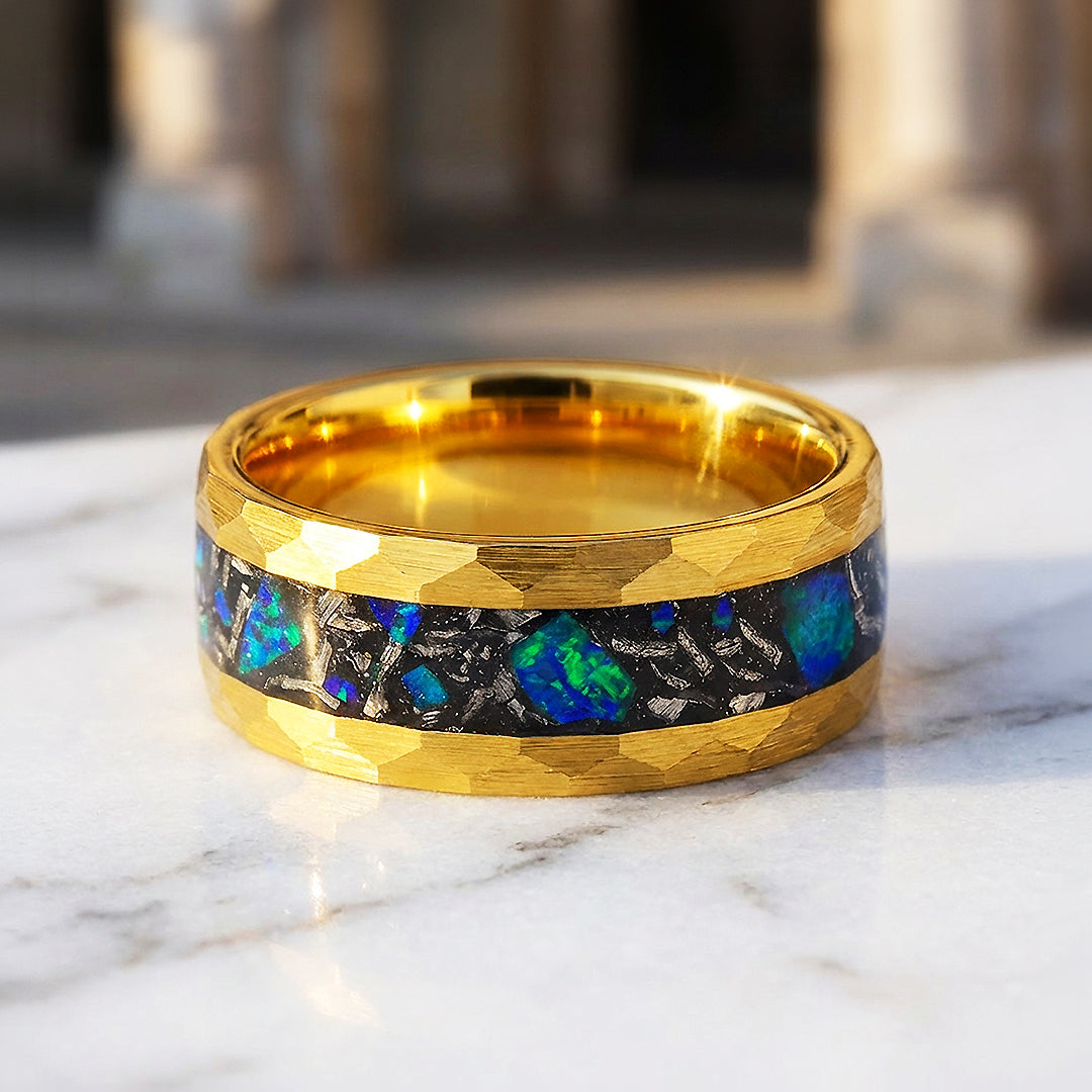 Aureus Opal Hammered Gold Opal Inlay Tungsten Carbide Ring | Men's Ring