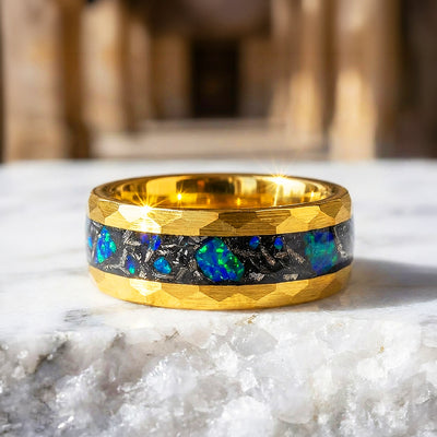 Aureus Opal Hammered Gold Opal Inlay Tungsten Carbide Ring | Men's Ring