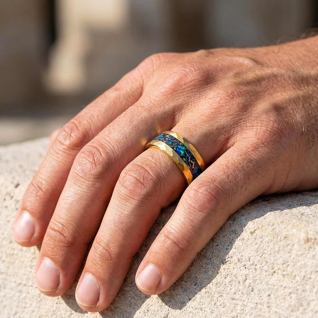 Aureus Opal Hammered Gold Opal Inlay Tungsten Carbide Ring | Men's Ring
