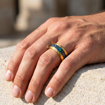 Aureus Opal Hammered Gold Opal Inlay Tungsten Carbide Ring | Men's Ring