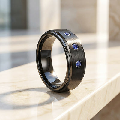 Azure Brushed Triple Blue Stone Tungsten Carbide Ring | Men's Ring