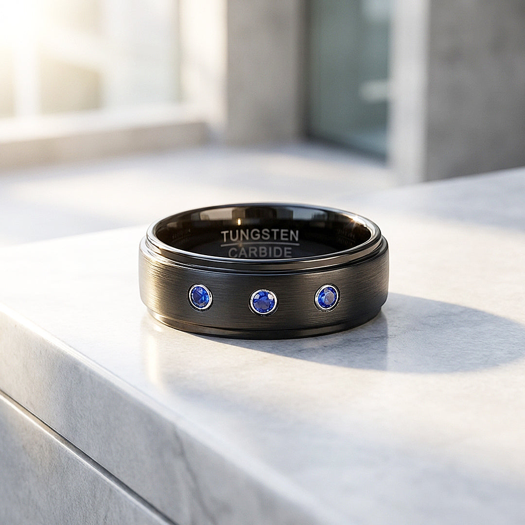 Azure Brushed Triple Blue Stone Tungsten Carbide Ring | Men's Ring