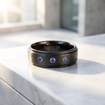 Azure Brushed Triple Blue Stone Tungsten Carbide Ring | Men's Ring