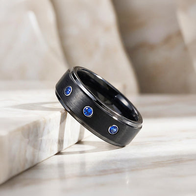 Azure Brushed Triple Blue Stone Tungsten Carbide Ring | Men's Ring
