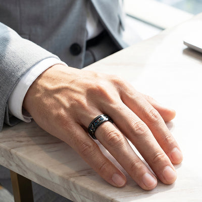 Barrel Opal Meteorite Inlay Black Tungsten Carbide Ring | Men's Ring