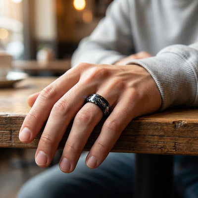 Barrel Opal Meteorite Inlay Black Tungsten Carbide Ring | Men's Ring