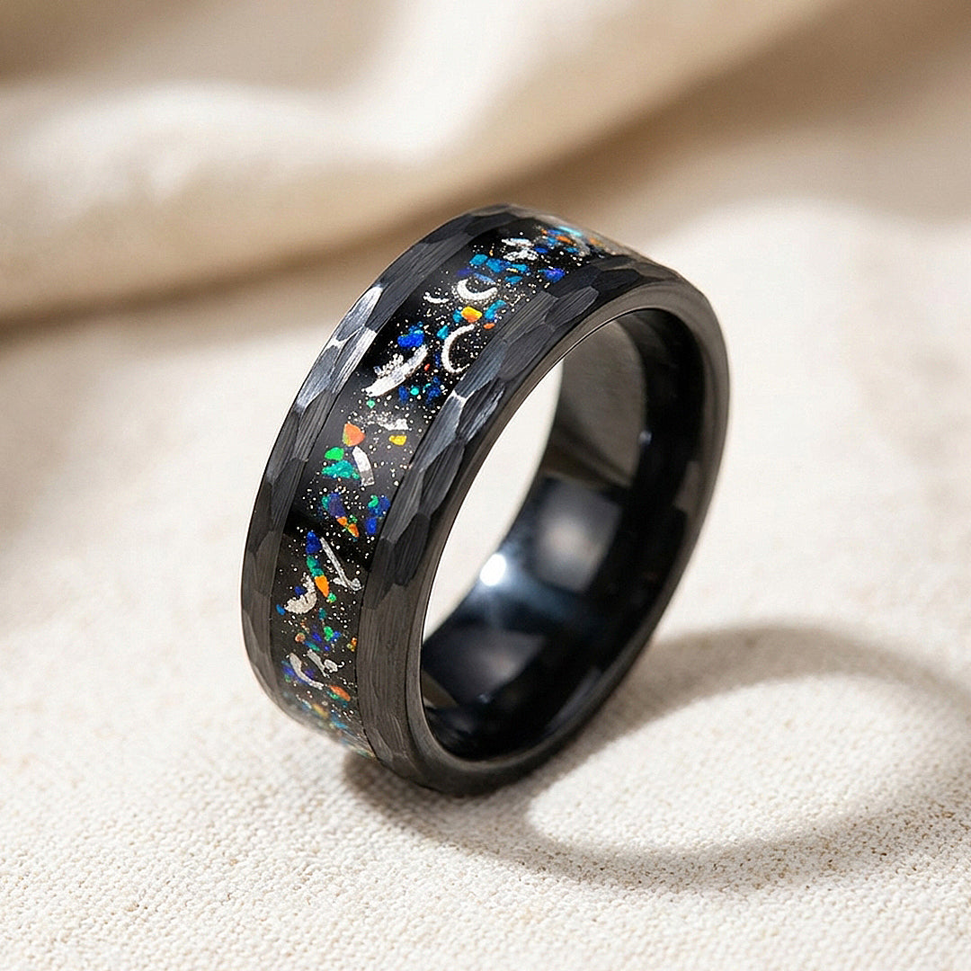 Barrel Opal Meteorite Inlay Black Tungsten Carbide Ring | Men's Ring