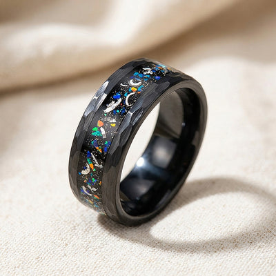 Barrel Opal Meteorite Inlay Black Tungsten Carbide Ring | Men's Ring