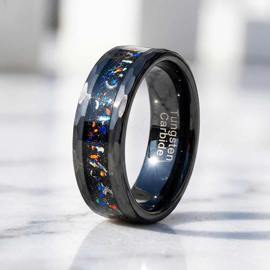 Barrel Opal Meteorite Inlay Black Tungsten Carbide Ring | Men's Ring