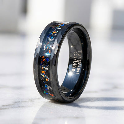Barrel Opal Meteorite Inlay Black Tungsten Carbide Ring | Men's Ring