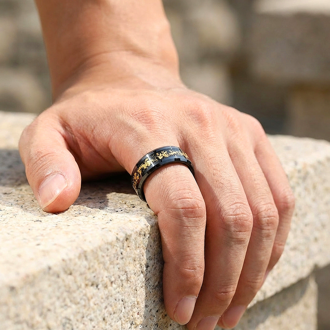 Black Gold Foil Inlay Black Tungsten Carbide Ring | Men's Ring