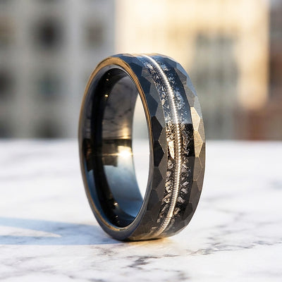 Blackcoil Hammered Guitar String Meteorite Tungsten Carbide Ring | Men's Ring