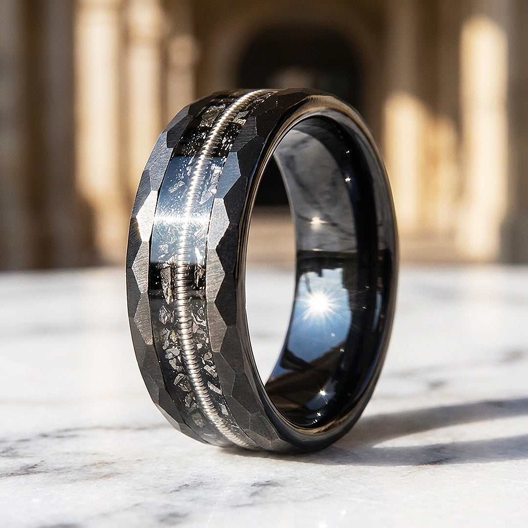 Blackcoil Hammered Guitar String Meteorite Tungsten Carbide Ring | Men's Ring