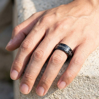 Blackcoil Hammered Guitar String Meteorite Tungsten Carbide Ring | Men's Ring