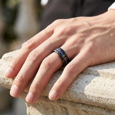 Blackcoil Hammered Guitar String Meteorite Tungsten Carbide Ring | Men's Ring